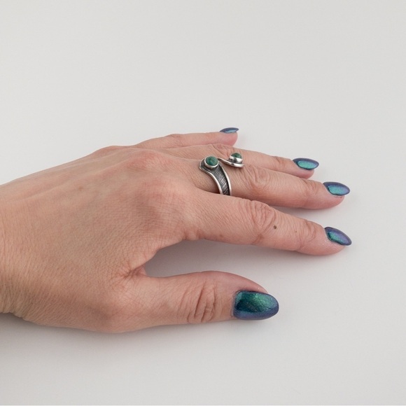 Sterling Silver Green Eilat Two Stone Spiral Wrap Ring Band Vintage 925 Size 10 - Picture 8 of 13